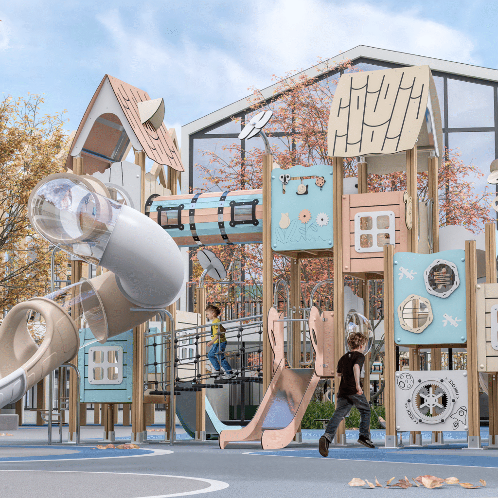 modern HPL outdoor playground with aluminum posts and multiple slides EN1176 certified