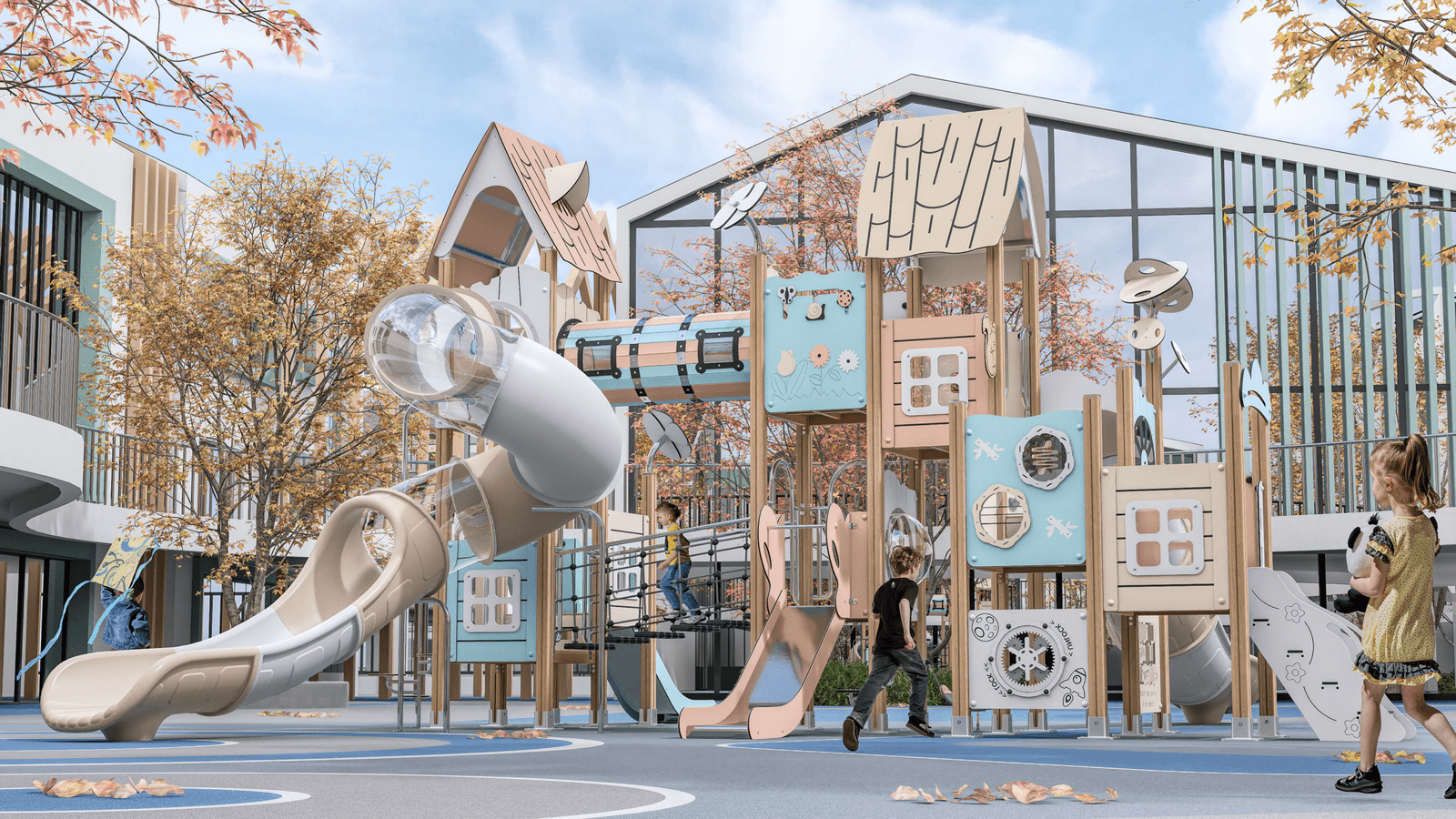 modern HPL outdoor playground with aluminum posts and multiple slides EN1176 certified