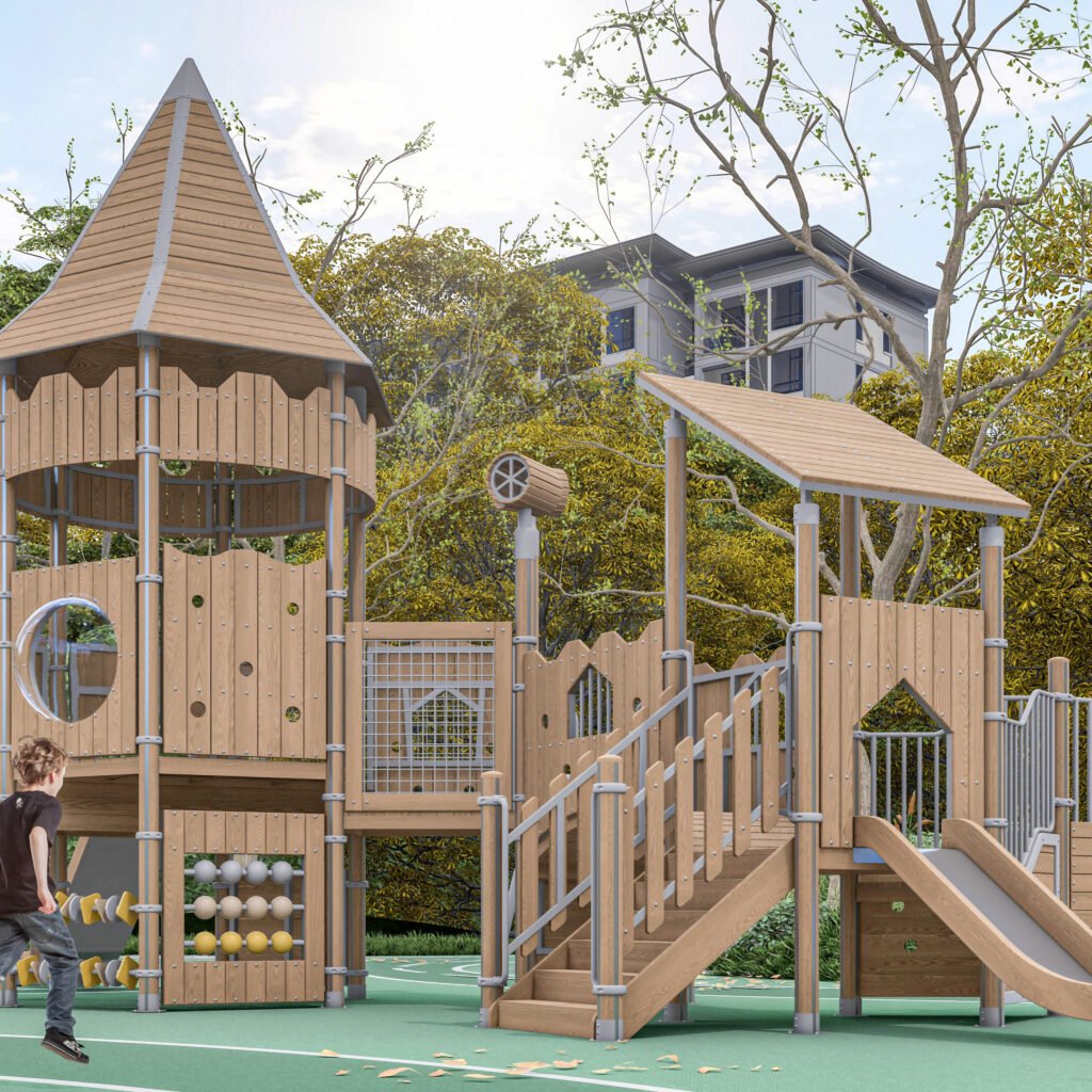 WPC outdoor playground with slides and climbing frames made of wood plastic composite