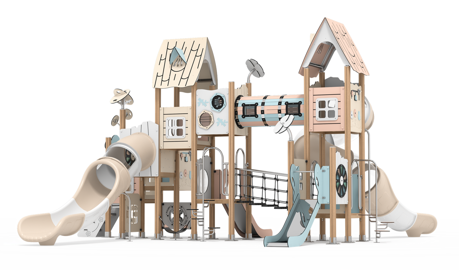 modern HPL outdoor playground with aluminum posts and multiple slides EN1176 certified