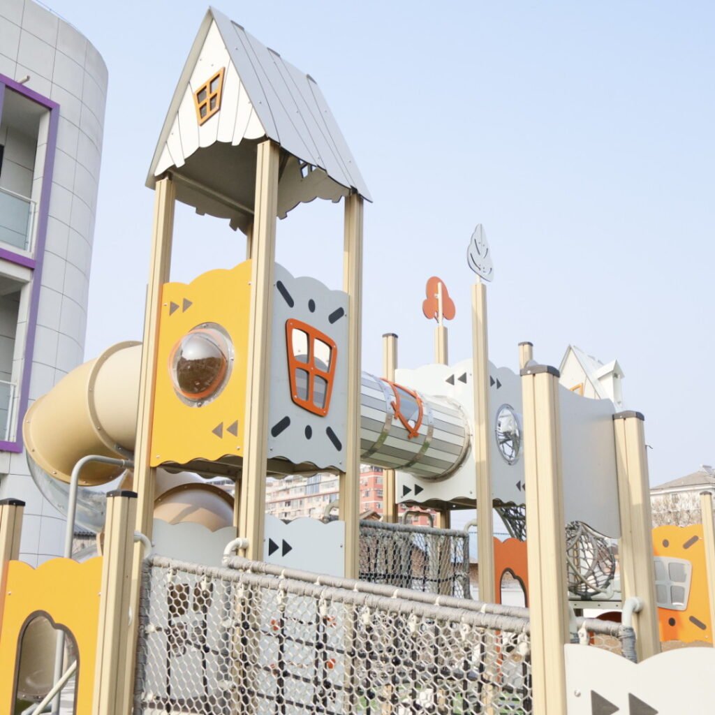 HPL outdoor playground equipment with slides tunnels and climbing nets EN1176 certified