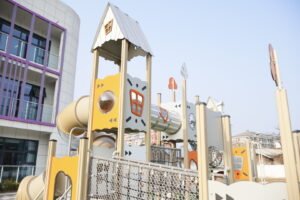 HPL outdoor playground equipment with slides tunnels and climbing nets EN1176 certified