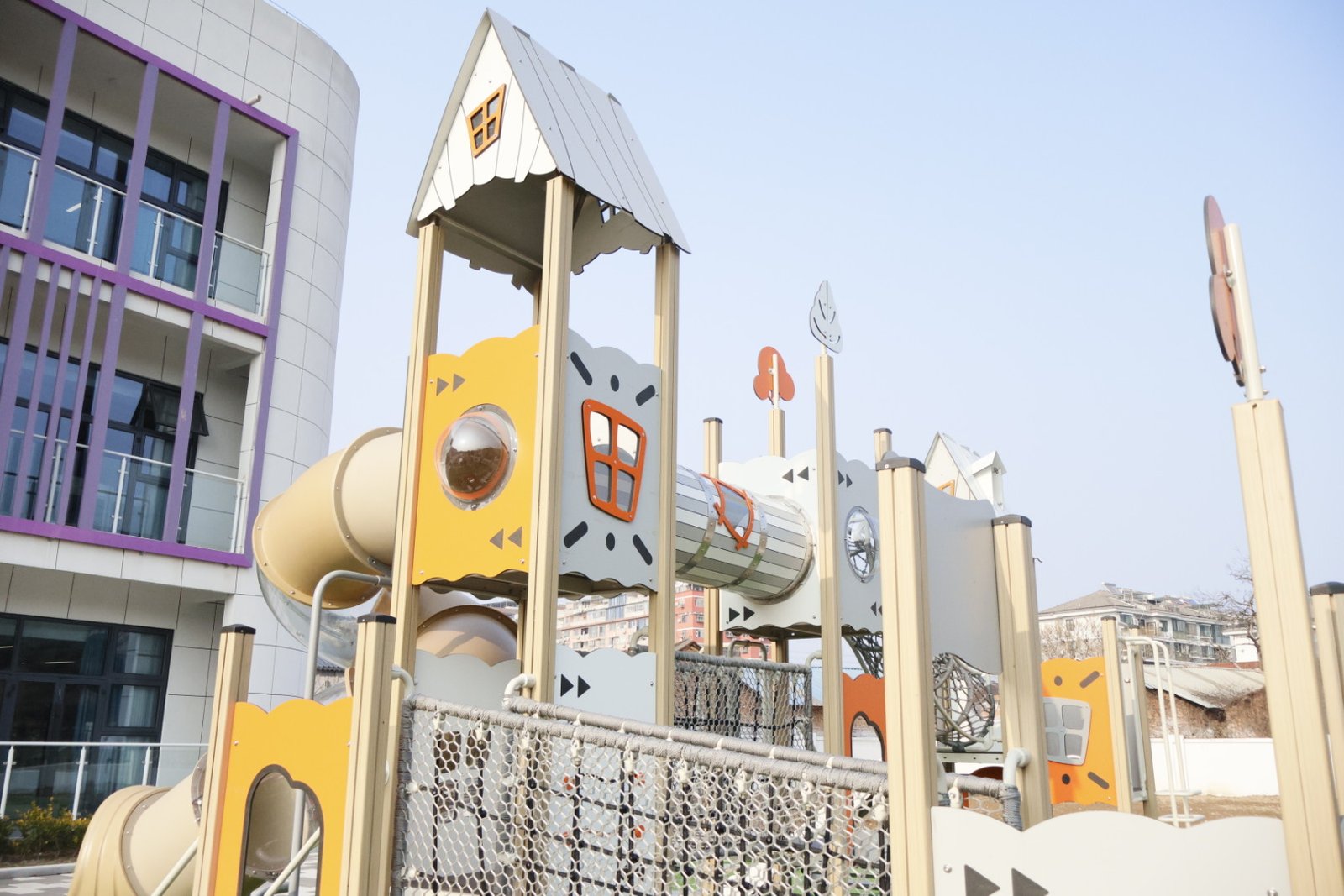 HPL outdoor playground equipment with slides tunnels and climbing nets EN1176 certified