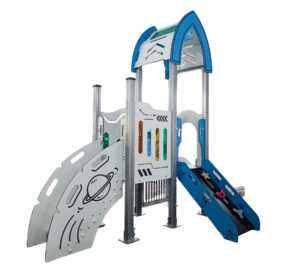 rocket-themed outdoor playground equipment with HPL panels and aluminum posts EN1176 certified