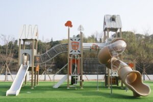 HPL outdoor playground equipment with slides tunnels and climbing nets EN1176 certified