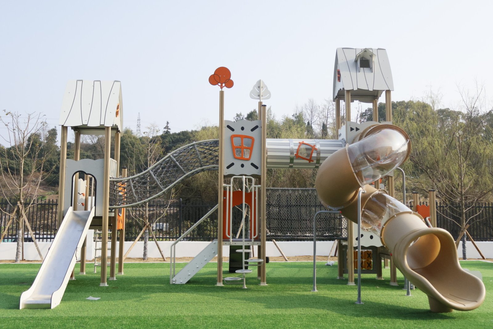 HPL outdoor playground equipment with slides tunnels and climbing nets EN1176 certified