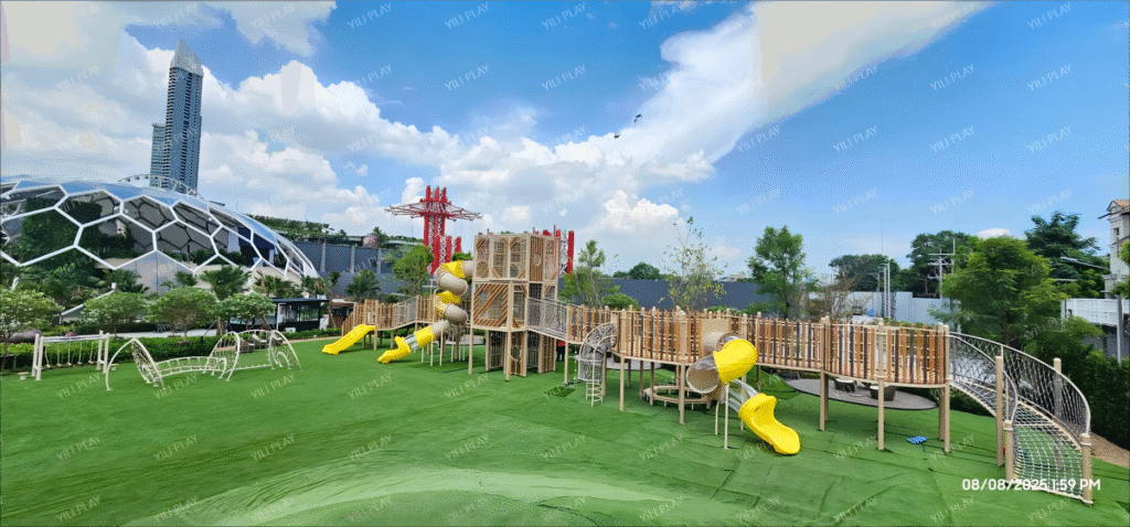 WPC outdoor playground equipment exported to Thailand with slides climbing nets and towers