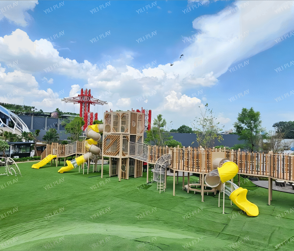 WPC outdoor playground equipment exported to Thailand with slides climbing nets and towers