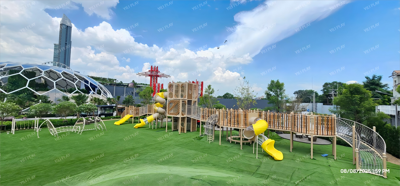 WPC outdoor playground equipment exported to Thailand with slides climbing nets and towers