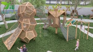 plastic wood birdcage outdoor playground equipment with climbing nets tunnels and slides EN1176 certified