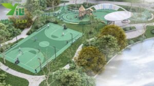 plastic wood outdoor playground equipment with slides climbing nets and towers EN1176 certified