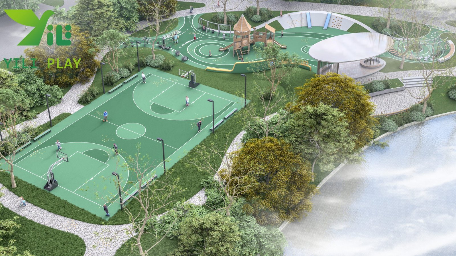 plastic wood outdoor playground equipment with slides climbing nets and towers EN1176 certified