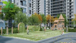 plastic wood outdoor playground equipment with slides, bridges, and climbing towers in a community park