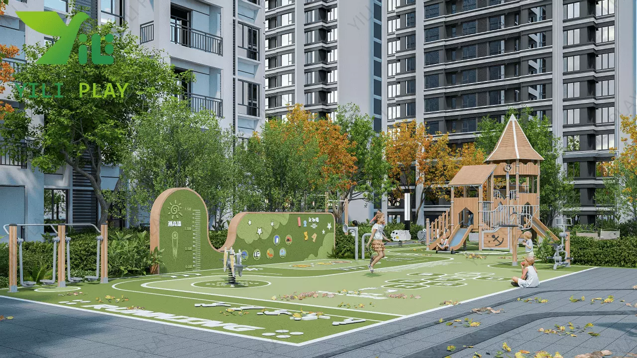 plastic wood outdoor playground equipment with slides, bridges, and climbing towers in a community park