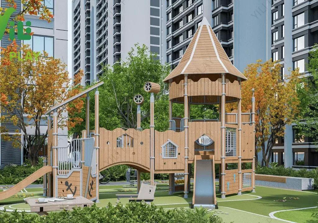 plastic wood outdoor playground equipment with slides, bridges, and climbing towers in a community park