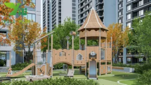 plastic wood outdoor playground equipment with slides, bridges, and climbing towers in a community park