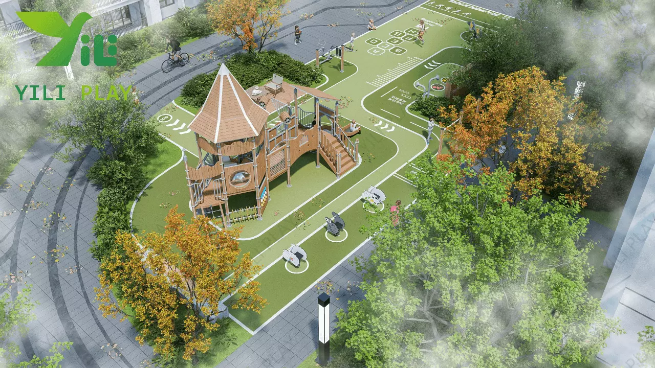 plastic wood outdoor playground equipment with slides, bridges, and climbing towers in a community park