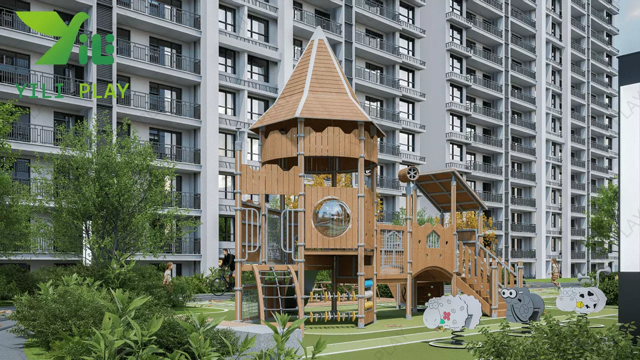 plastic wood outdoor playground equipment with slides, bridges, and climbing towers in a community park