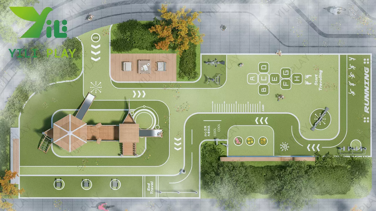 plastic wood outdoor playground equipment with slides, bridges, and climbing towers in a community park