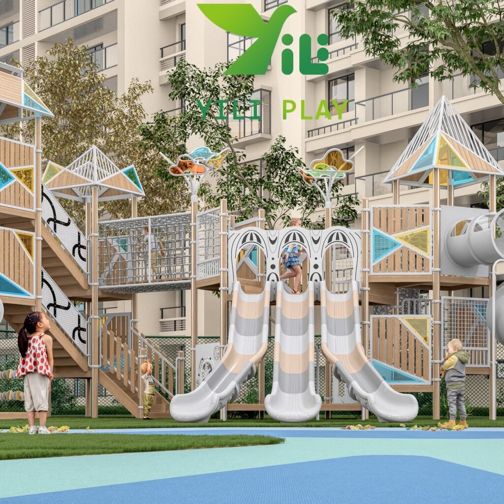 plastic wood and HPL outdoor playground equipment with slides tunnels and climbing frames EN1176 certified