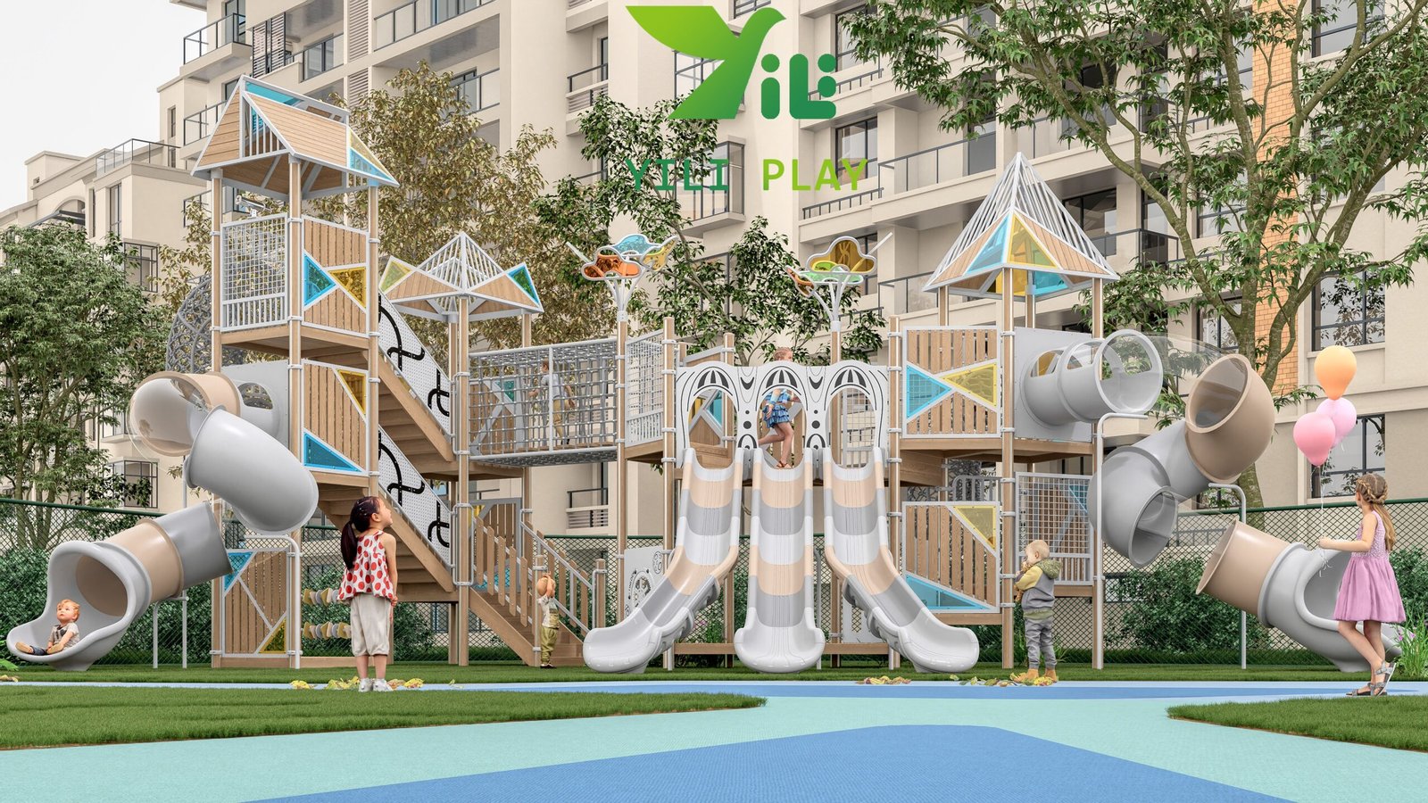 plastic wood and HPL outdoor playground equipment with slides tunnels and climbing frames EN1176 certified