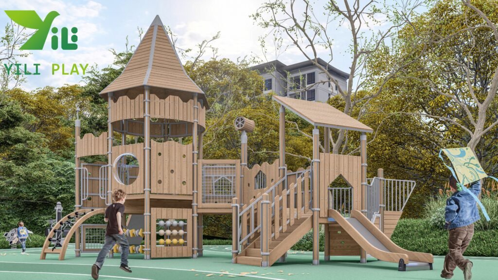 plastic wood outdoor playground equipment with slides climbing nets and towers EN1176 certified