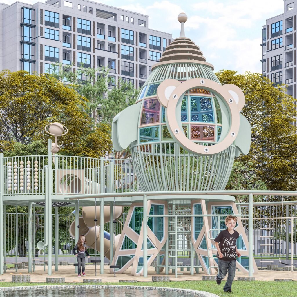 custom rocket outdoor playground equipment with galvanized steel tube structure and EN1176 certification