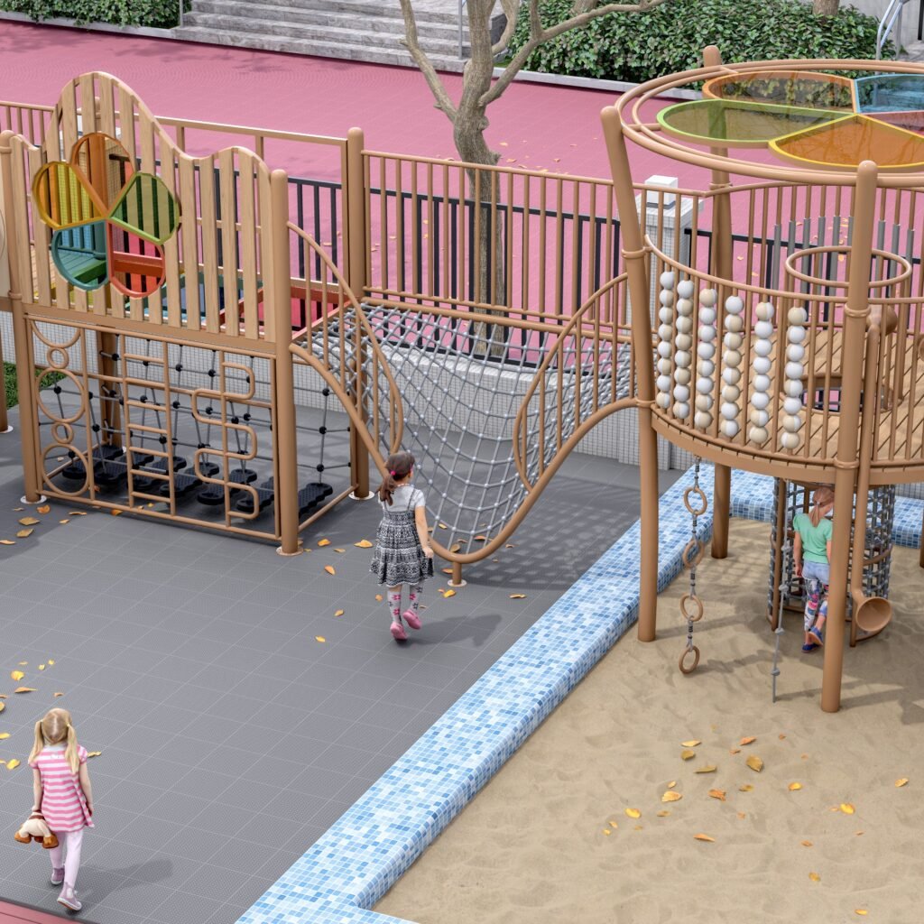 plastic wood and galvanized steel outdoor playground equipment with slides and climbing nets EN1176 certified