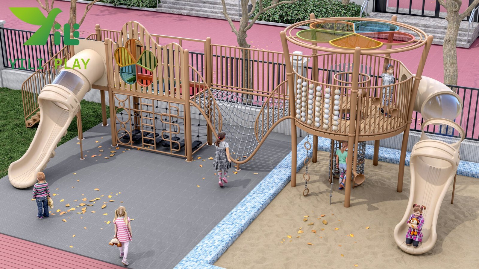 plastic wood and galvanized steel outdoor playground equipment with slides and climbing nets EN1176 certified