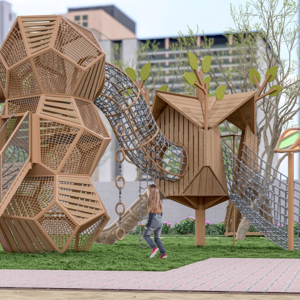 plastic wood birdcage outdoor playground equipment with climbing nets tunnels and slides EN1176 certified