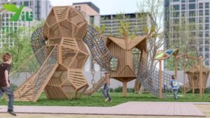 plastic wood birdcage outdoor playground equipment with climbing nets tunnels and slides EN1176 certified