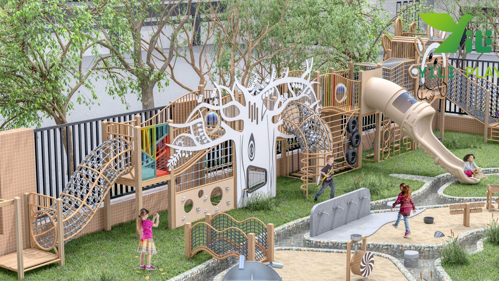 galvanized steel outdoor playground equipment with climbing towers tunnels and nets EN1176 certified