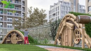 robinia outdoor playground equipment with natural wooden playhouses and EN1176 certification