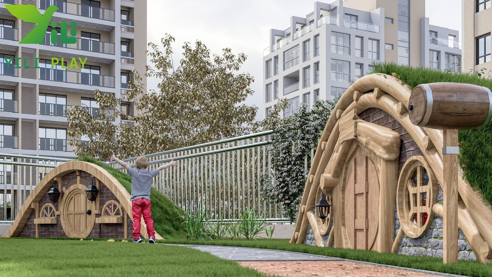 robinia outdoor playground equipment with natural wooden playhouses and EN1176 certification