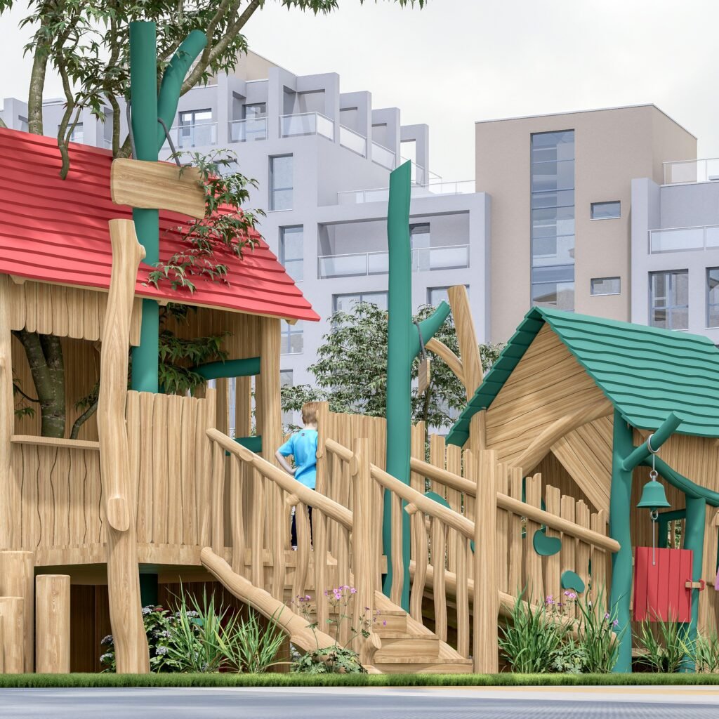 robinia outdoor playground equipment with natural wooden playhouses and EN1176 certification