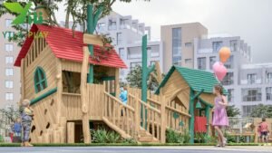 robinia outdoor playground equipment with natural wooden playhouses and EN1176 certification