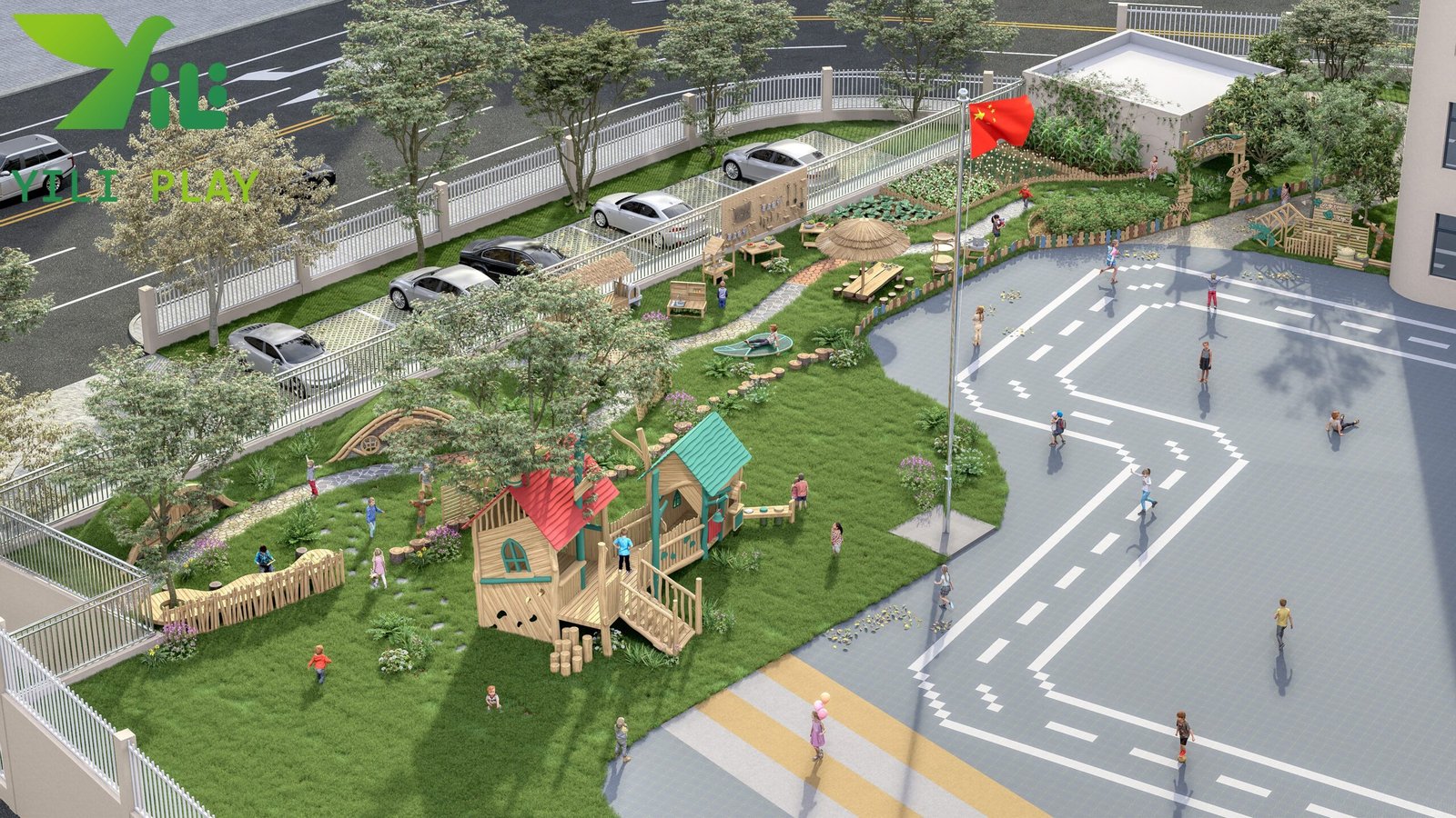 robinia outdoor playground equipment with natural wooden playhouses and EN1176 certification