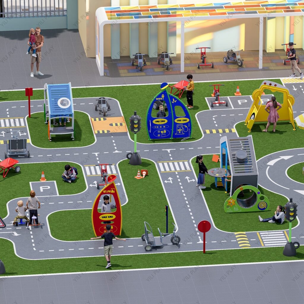Outdoor role-play town playground with PE board gas stations, shops, traffic lights, and themed playhouses for children
