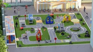 Outdoor role-play town playground with PE board gas stations, shops, traffic lights, and themed playhouses for children