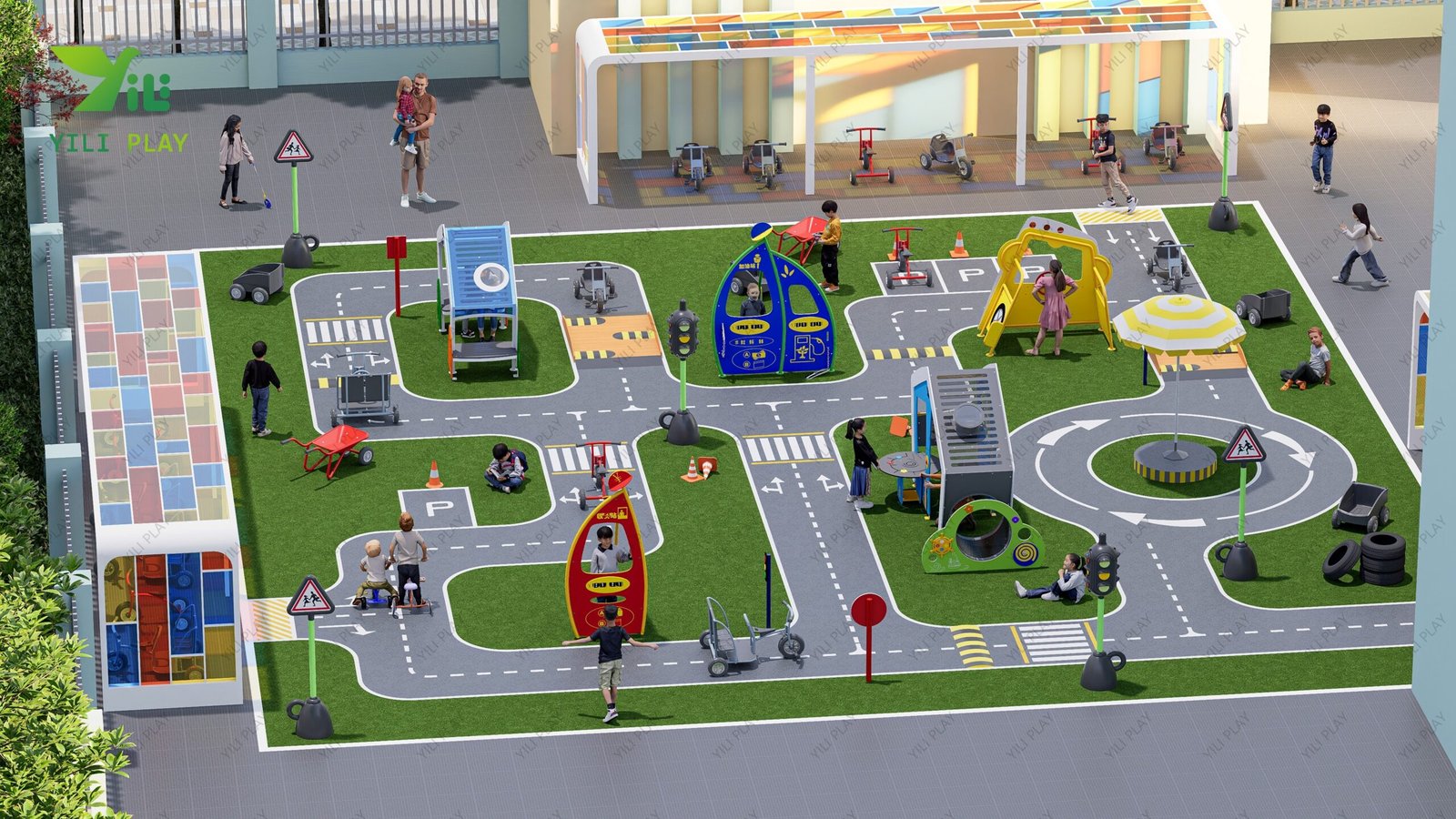 Outdoor role-play town playground with PE board gas stations, shops, traffic lights, and themed playhouses for children