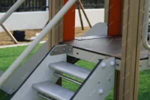 HPL outdoor playground set with aluminum posts, slides, and rope bridges EN1176 certified