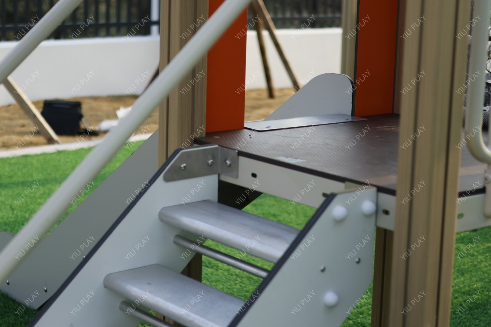 HPL outdoor playground set with aluminum posts, slides, and rope bridges EN1176 certified