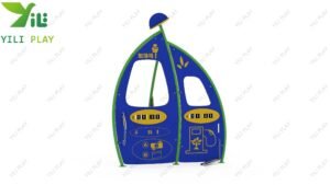 Outdoor role-play town playground with PE board gas stations, shops, traffic lights, and themed playhouses for children