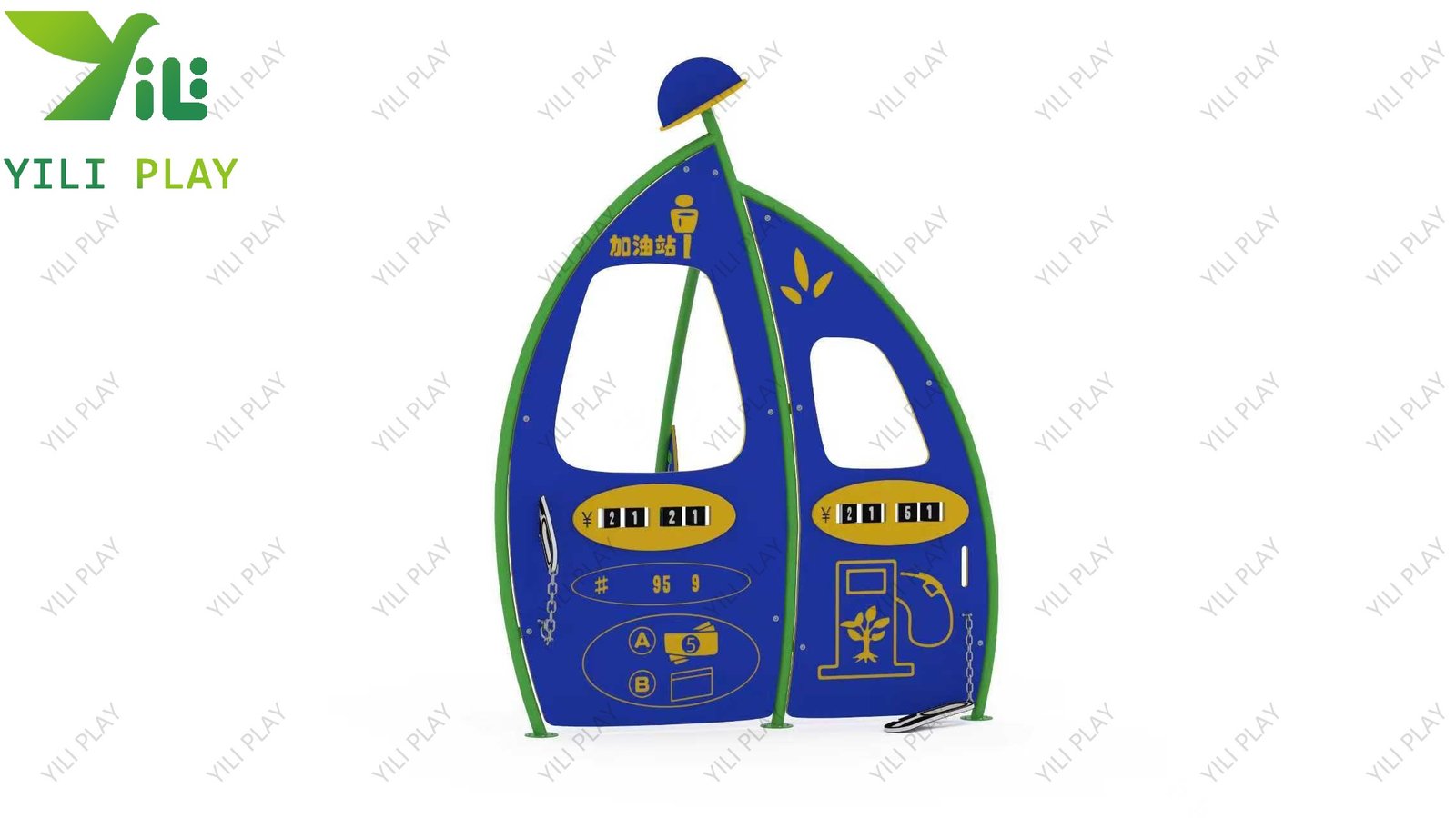 Outdoor role-play town playground with PE board gas stations, shops, traffic lights, and themed playhouses for children