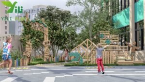 robinia outdoor playground equipment with natural wooden playhouses and EN1176 certification