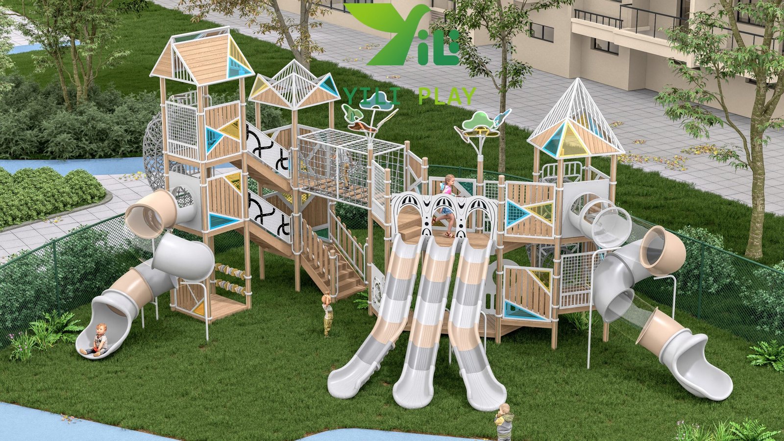 plastic wood and HPL outdoor playground equipment with slides tunnels and climbing frames EN1176 certified