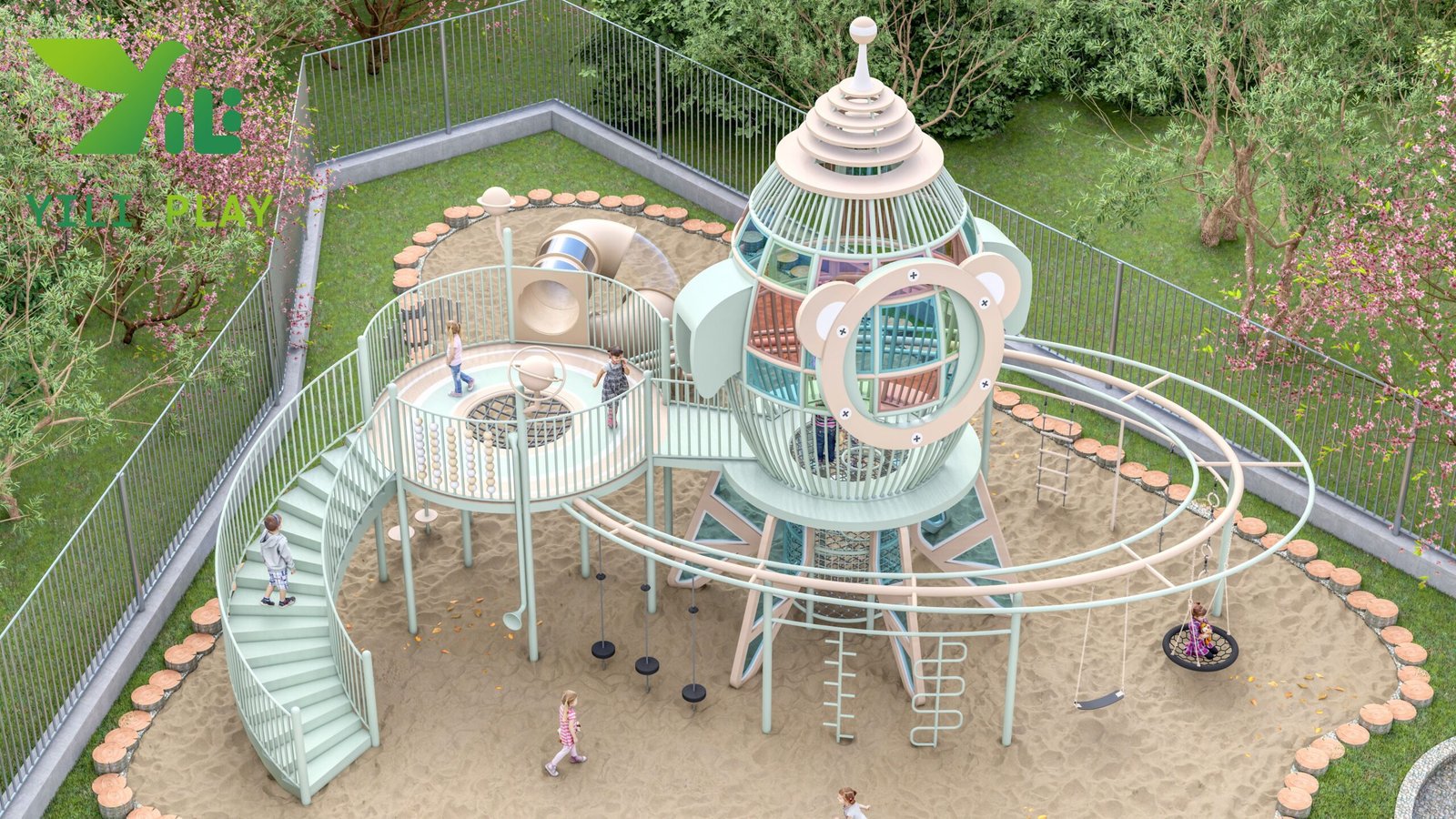 custom rocket outdoor playground equipment with galvanized steel tube structure and EN1176 certification