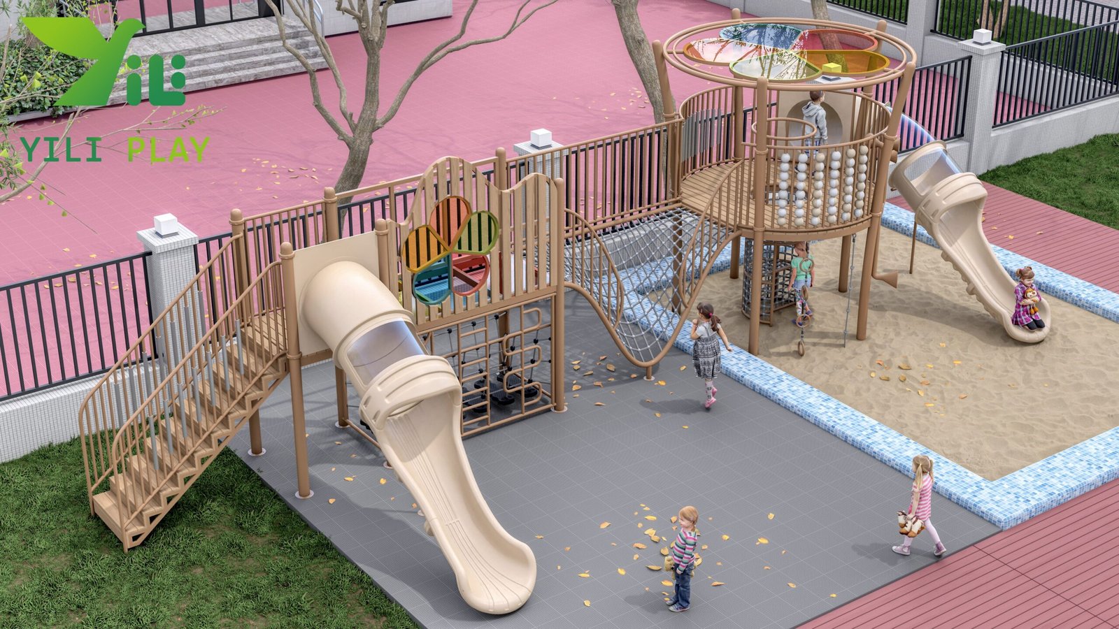 plastic wood and galvanized steel outdoor playground equipment with slides and climbing nets EN1176 certified