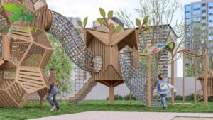 plastic wood birdcage outdoor playground equipment with climbing nets tunnels and slides EN1176 certified