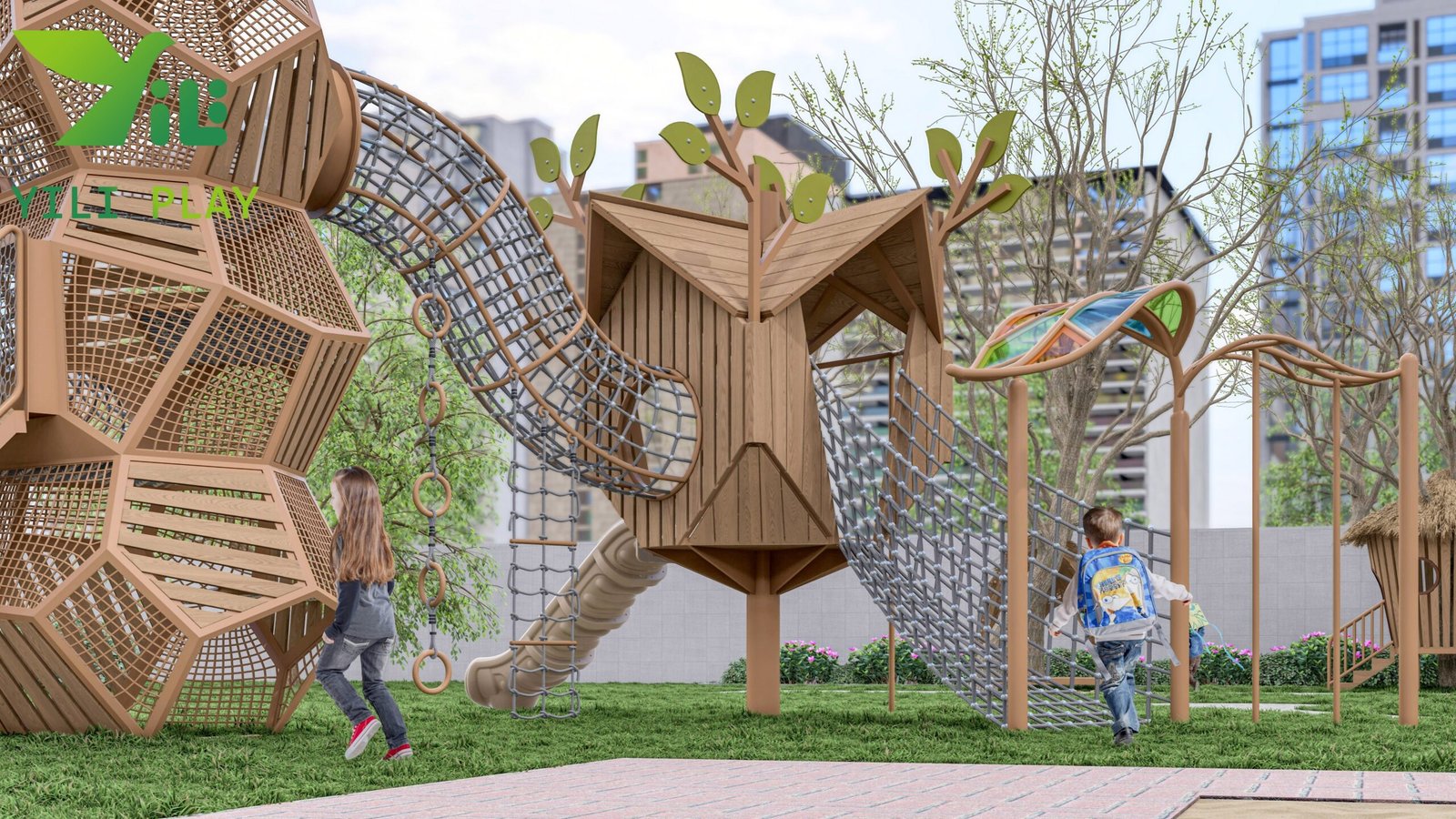 plastic wood birdcage outdoor playground equipment with climbing nets tunnels and slides EN1176 certified